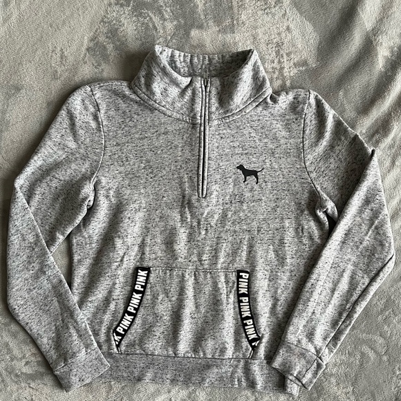 VICTORIA Secret PINK Heathered Grey 1/4 Zip Sweatshirt With Handwarmer Pockets M - Picture 1 of 8